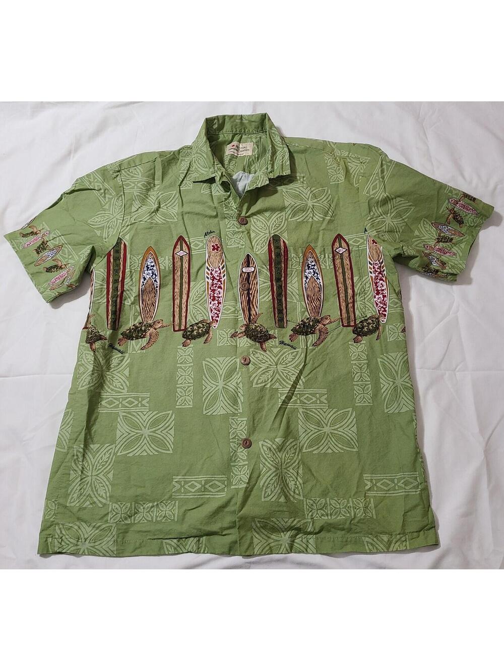 Royal Hawaiian Creations Shirt Mens Size Large Green Surf Board Turtle Print EUC